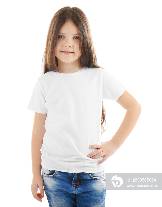 Little girl in blank t-shirt on white background