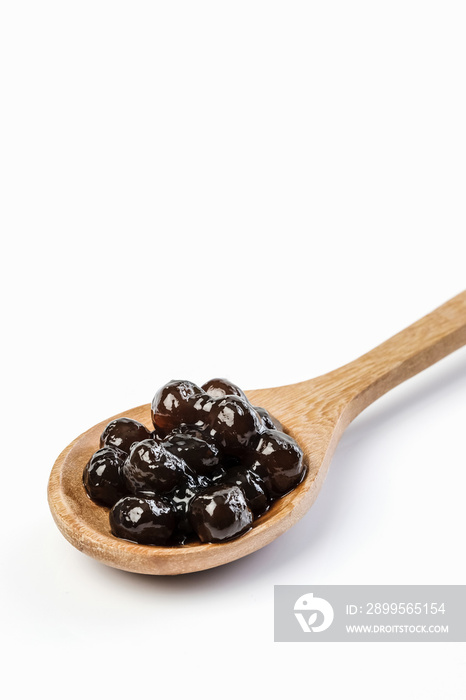 Tapioca Pearls, Tapioca balls on Wooden plate isolate on white background.