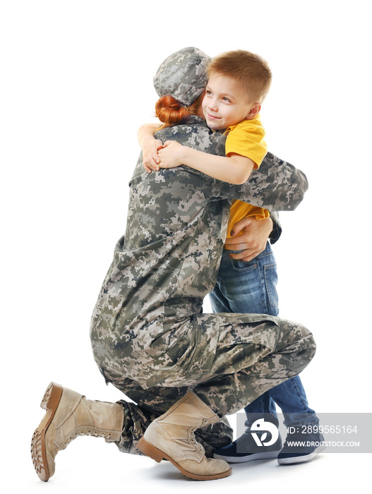 Military mother with her son on white background