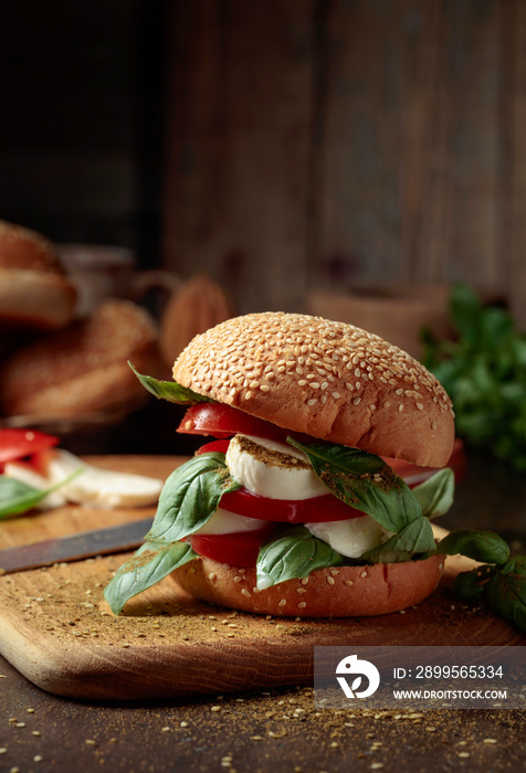 Sandwich with mozzarella, tomatoes, and basil.