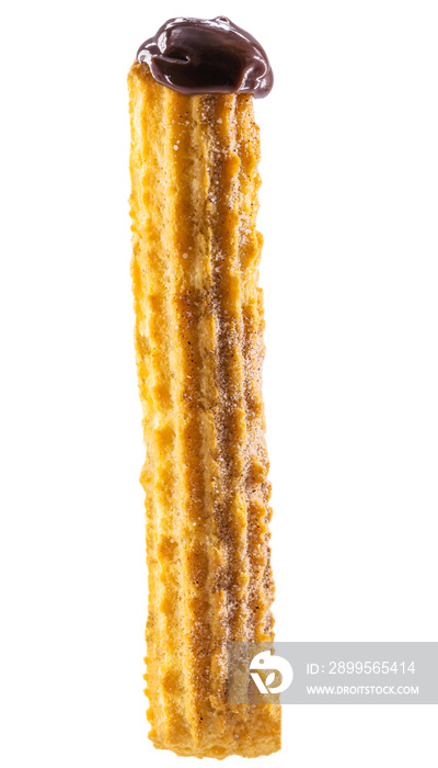 churros, fried sweet with granulated sugar, isolated white background, creamy chocolate filling, copyspace