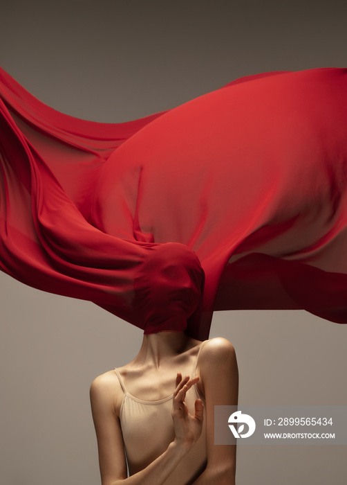 Blooming rose. Graceful classic ballerina dancing on grey studio background. Deep red cloth. The grace, artist, movement, action and motion concept. Looks weightless, flexible. Fashion, style.