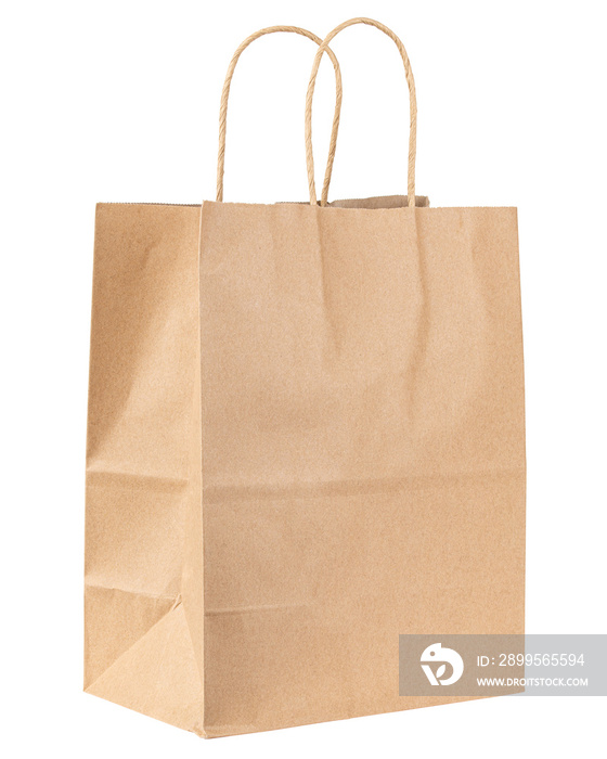 Paper bag. Kraft paper shopping bag. Brown folded paper bag with handle. Empty grocery paper bag. Recycled carton package for supermarket. High quality and resolution photo. Isolated white background.