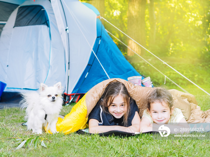 Camp in the tent - girls with little dog chihuahua sitting together near the tent. Camping with children. Camping tourism and vacation concept