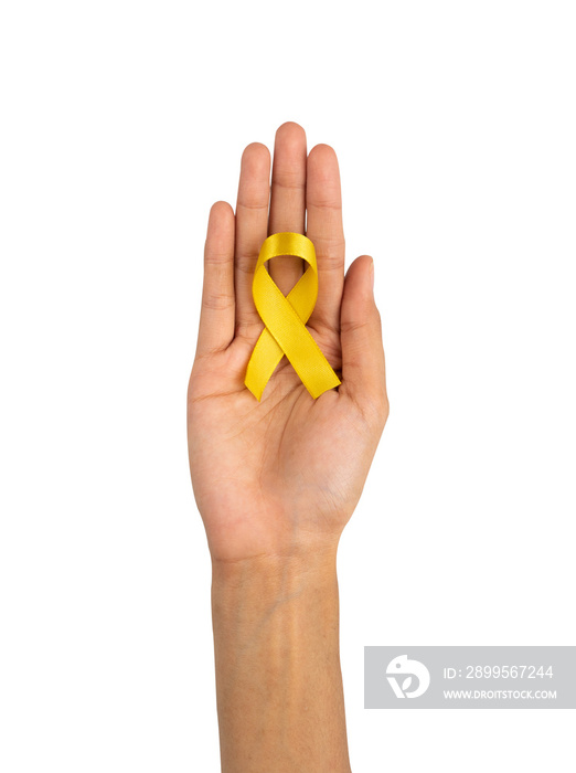 Hands holding health awareness symbol. Yellow ribbon sign isolated