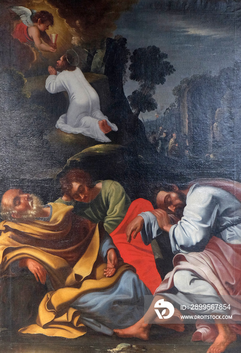 Agony in the Garden, Jesus in the Garden of Gethsemane, the Apostles sleep, painting in the Neumunster Collegiate Church in Wurzburg, Germany