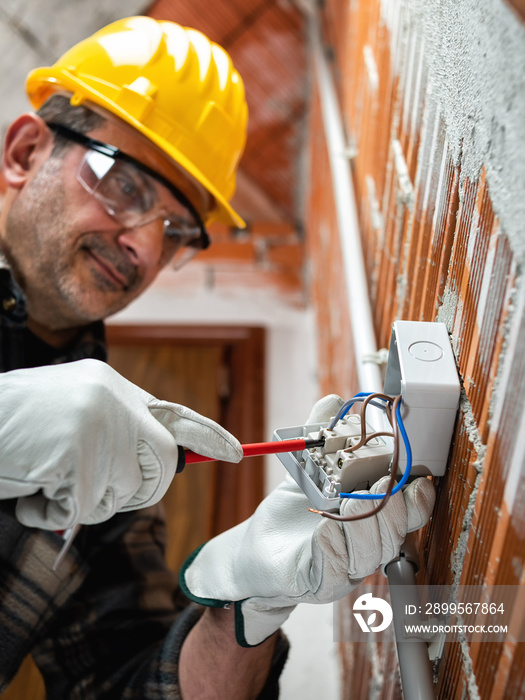 Electrician at work in an electrical system of a construction site. Construction industry.