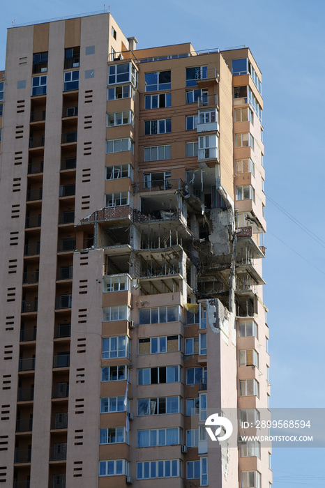 Russian terrorist army damaged by a missile dwelling house in Kyiv city, Ukraine