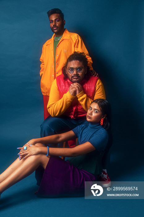 Trio fashion colour blocked studio portrait