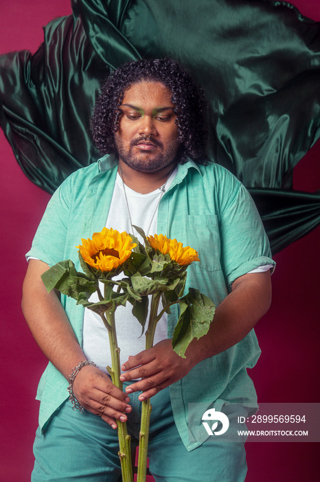 South Asian male colour blocked fashion studio portrait