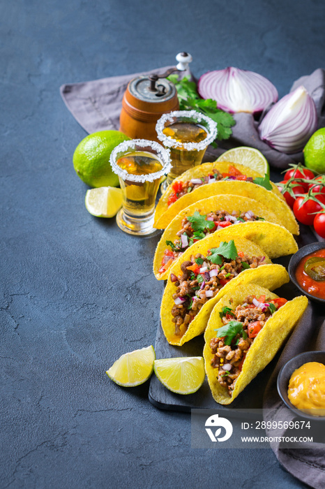 Taco shell nachos with beef, guacamole, chili, cheese salsa, tequila