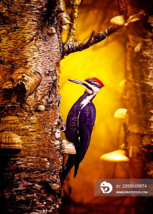 pileated woodpecker early morning in forest on dead birch trees.