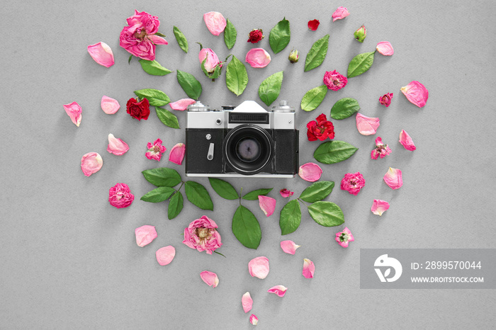 Vintage camera and colourful flowers on grey background