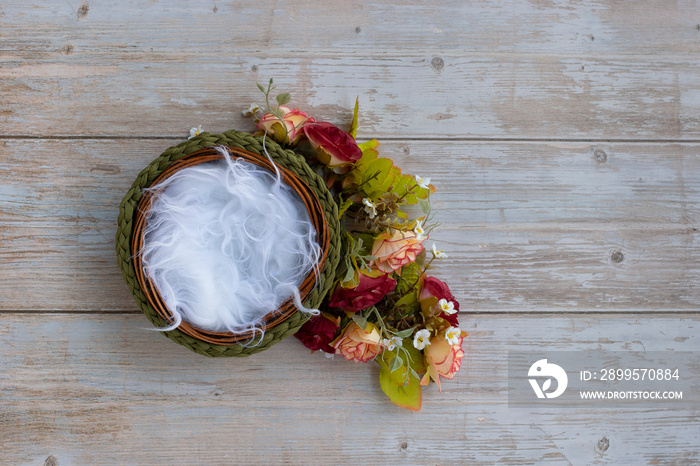 Newborn digital backdrop with flowers, basket and handmade green basket crochet.  Newborn background.