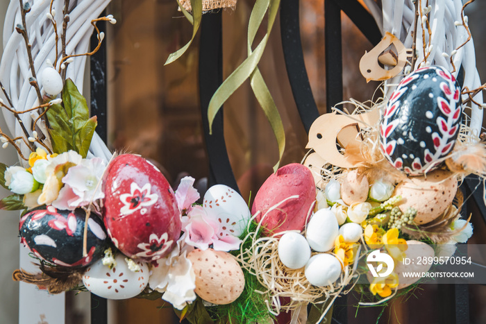 ester decorations close up branch of willow with bunnies