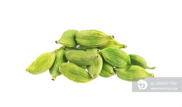 Cardamom pods isolated on white background. Green cardamon seeds. Clipping path.