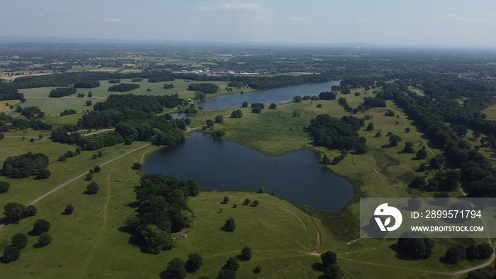 Tatton park view from the sky. Wonderful green garden and lake view