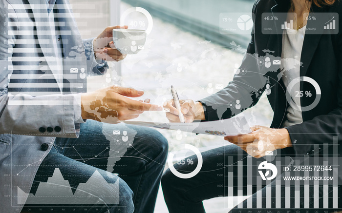 businessman investment consultant analyzing company financial report balance sheet statement working with digital graphs. Concept picture for stock market, cash, fund,and business economy flow.