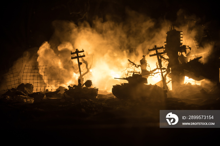 War Concept. Military silhouettes fighting scene on war fog sky background, World War Soldiers Silhouette Below Cloudy Skyline At night. Battle in ruined city. Selective focus