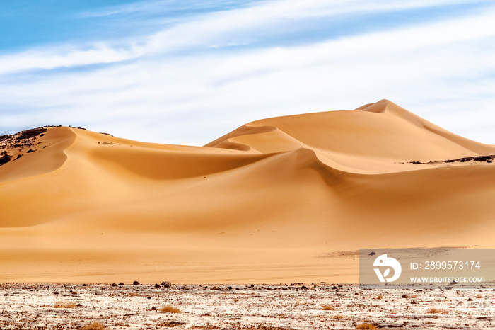 Low angle view of curvy sand dune in Sahara Desert. Colorful surface level, white reg terrain, high wavy golden colored dune, blue cloudy sky.