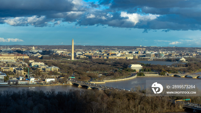 Panorama Top view scene of Washington DC down town which can see United states Capitol, washington monument, lincoln memorial and thomas jefferson memorial, history and culture for travel concept