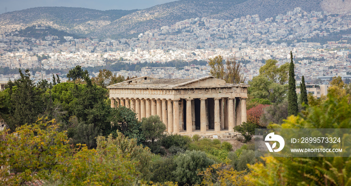 Hephaestus ancient temple, Athens cityscape. Attica Greece