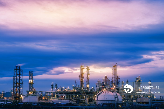 Oil and gas refinery plant or petrochemical industry on sky sunset background, Factory with evening, Manufacturing of petrochemical industrial