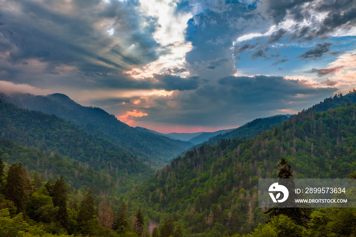 Dramatic skies at sunset over the Morton Overlook in the Smoky Mountains