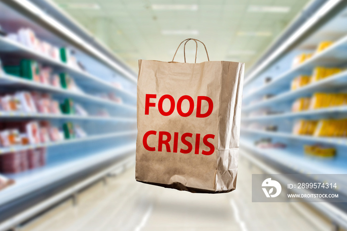 Food crisis. Humanitarian problem. Food shortage crisis. Food crisis inscription on shopping bag. I’ll run over price increase concept. Blurred supermarket in background. Hunger crisis