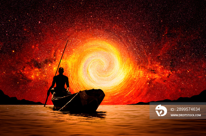 African boatman with his canoe in front of the stars