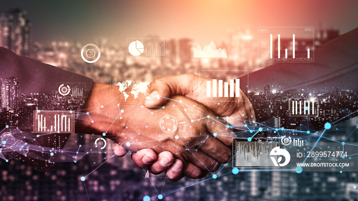 Imaginative visual business handshake with computer graphic of investment data . Futuristic business marketing and partnership deals . 3D Rendering .