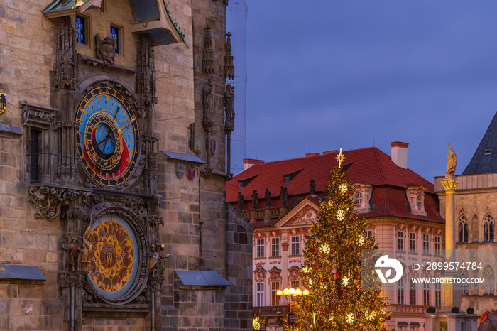 Christmas time at Old Town Square with Orloj, Prague, Czech Republic