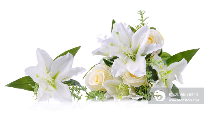 Artificial lily and rose flower isolated on white background.