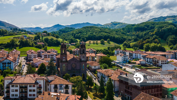 Panoramic view of the square in the town of Elizondo, capital of the Baztan Valley.