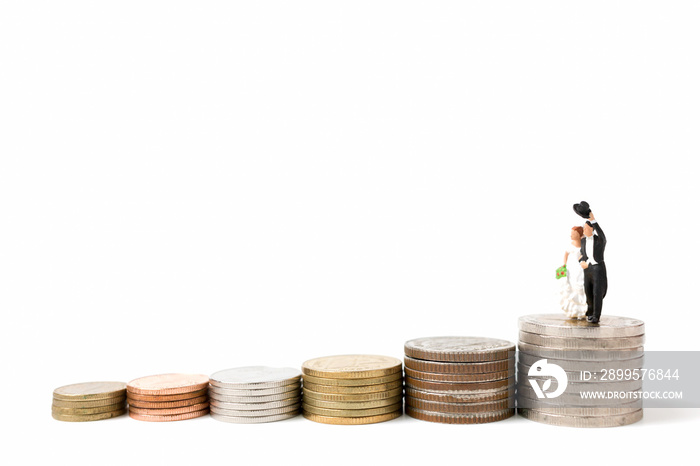 Miniature people wedding  on stack coins  on white background.