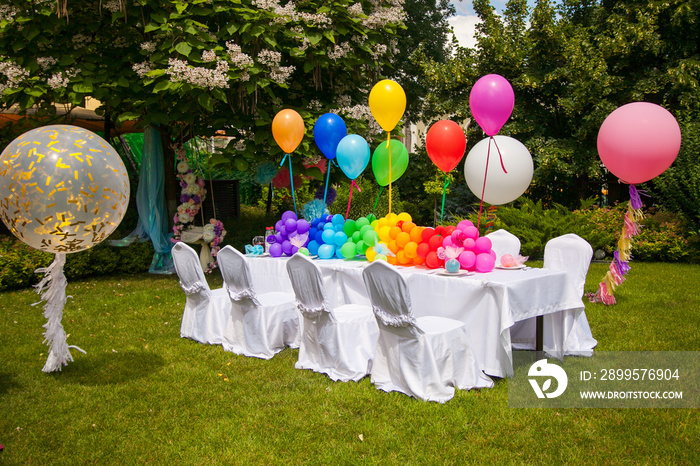 Birthday table with rainbow balloons. Summer holiday in the park