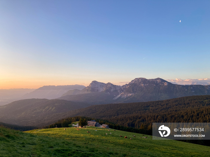 sunrise at alpine pasture Stoisser Alm in the bavarian alps, Germany