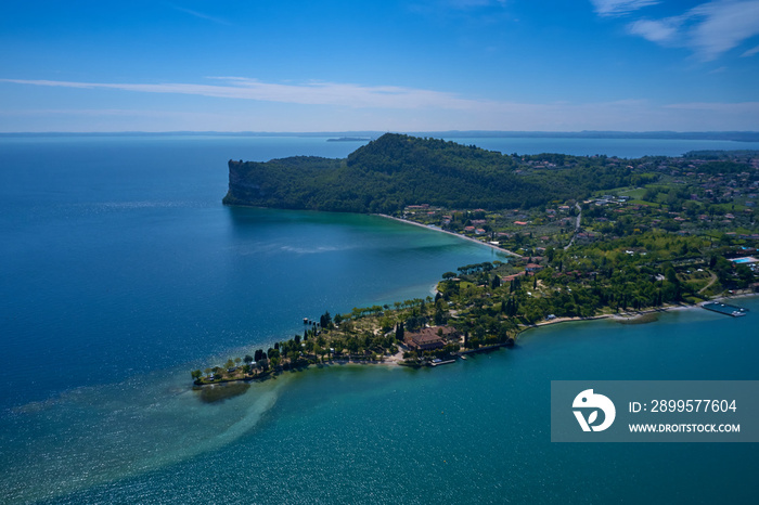 Aerial photography with drone, Rocca di Manerba in Garda lake,Italy.