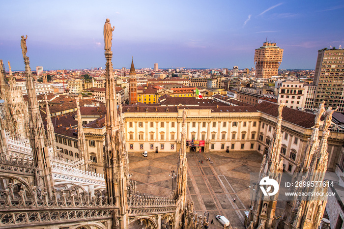 Milan, Italy panorama. View from Milan Cathedral. Royal Palace of Milan - Palazzo Realle and Velasca Tower in the background