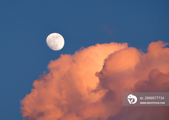 Pink clouds sunset with moon