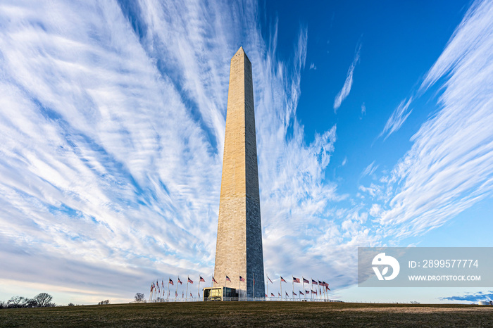 Washington Monument in Washington DC with blue sky and clouds