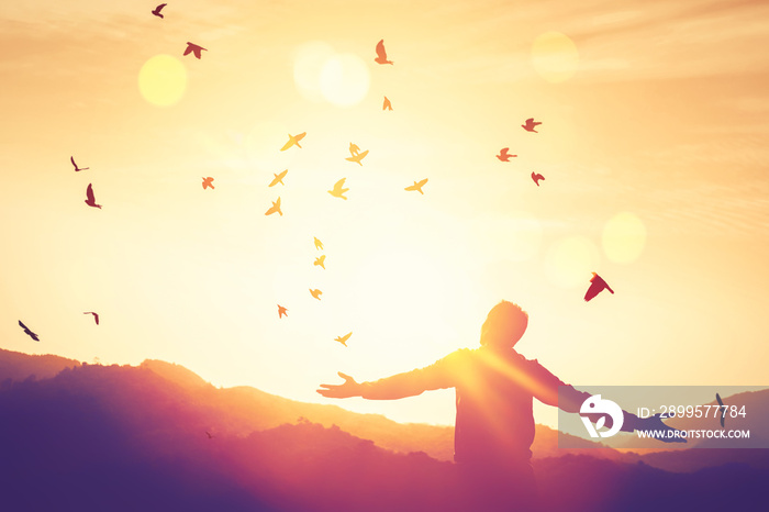 Freedom feel good and travel adventure concept. Copy space of silhouette man rising hands on sunset sky double exposure colorful bokeh and bird fly background.