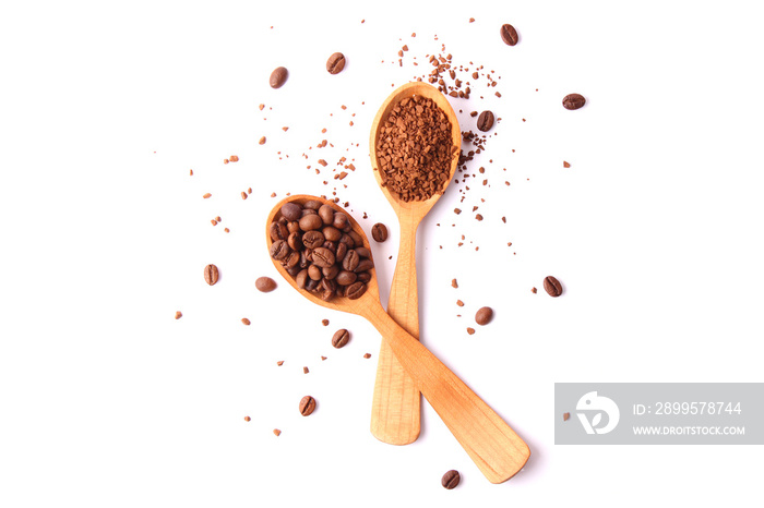 instant coffee in a spoon and coffee beans isolated on white. Aromatic coffee, coffee drinks