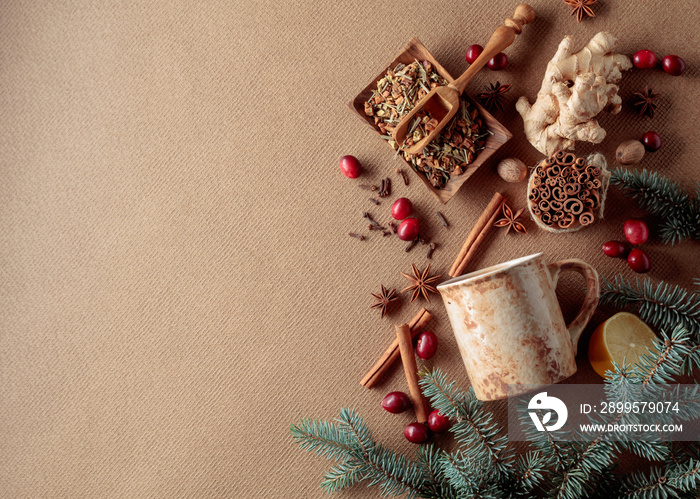 Mug and ingredients for making a winter hot drink.