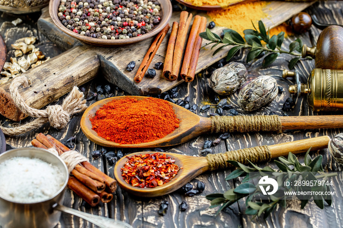 Spices and seasonings for cooking in the composition on the table