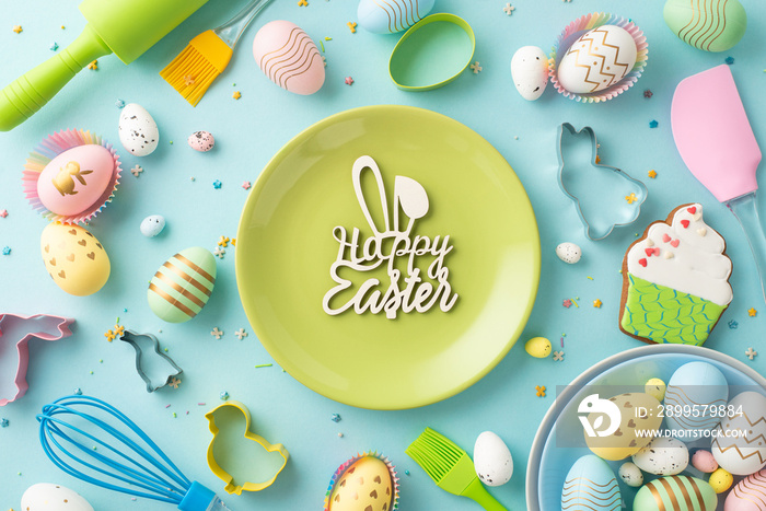 Top view photo of green plate with inscription happy easter dish with colorful eggs kitchen utensils paper baking molds gingerbread and sprinkles on isolated pastel blue background