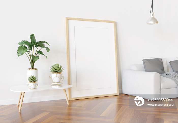 Wooden frame leaning in bright white living room with plants and decorations mockup 3D rendering