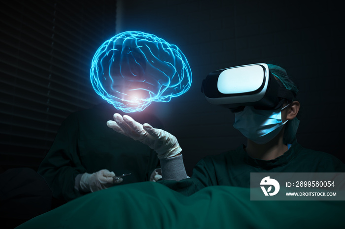 Doctor surgeon operating on ill patient brain with hologram using VR device computer holographic simulation technology concept, futuristic innovation creative tech medical healthcare diagnosis testing