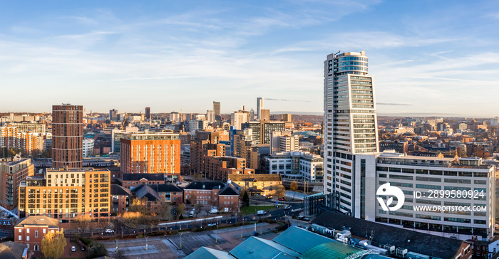 Aerial view of Leeds city skyline