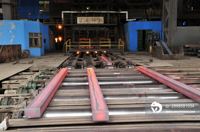 Hot steel in the steel mill workshop production line